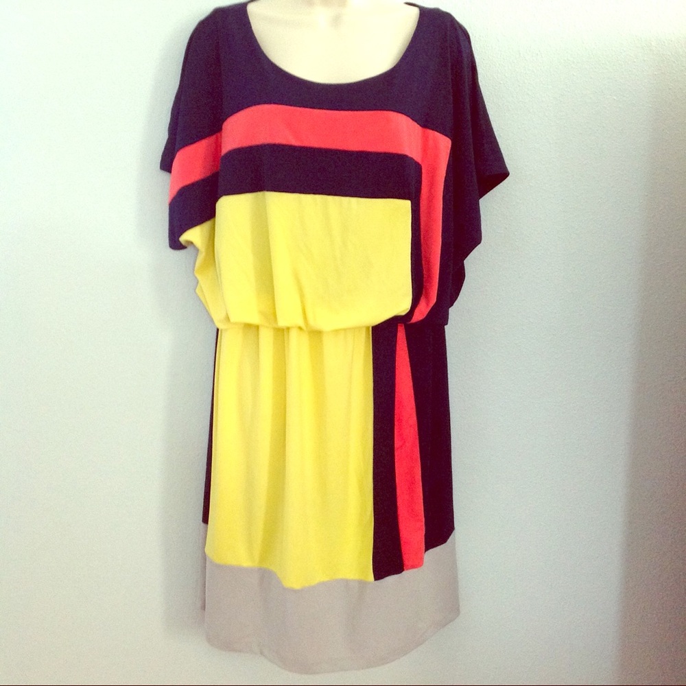 FOREVER WOMEN BLOCK DRESS NAVY YELLOW CORAL